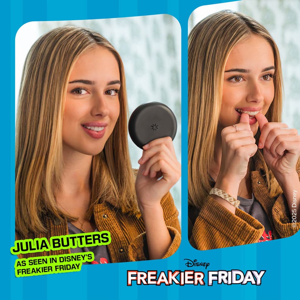 Julia Butters - as seen in Disney's Freakier Friday - putting in Invisalign aligners